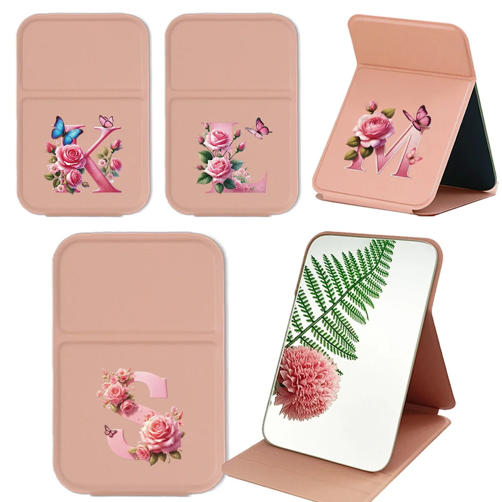 Women Single Sided Desk Mirror Fashionable Outdoor Cosmetic Tool Portable Handheld Makeup Mirror Pink Butterfly Pattern