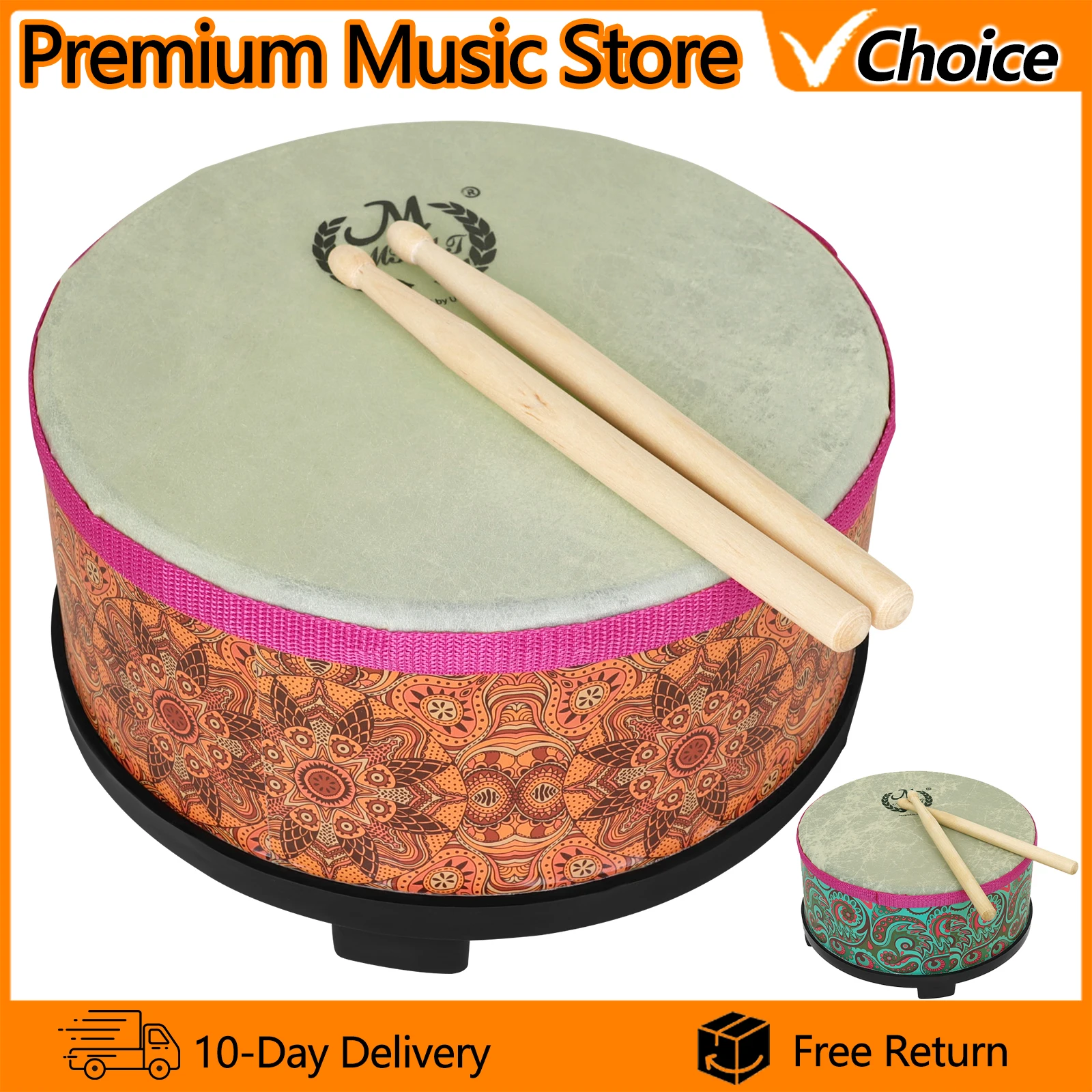 

10 Inch Drum Sheepskin Ground Drum Alto Drum Portable Performance Drum with Drumstick for Children Gifts Orff Instrument