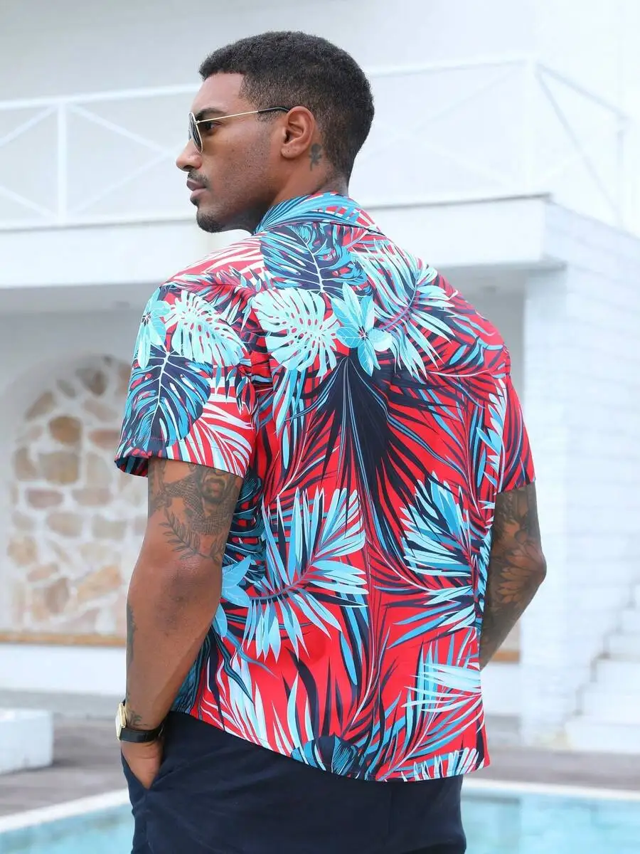 

Mens Hawaiian Shirt Tropical Leaf Print Casual Short Sleeve Cotton Feel For Pool Party Weekend