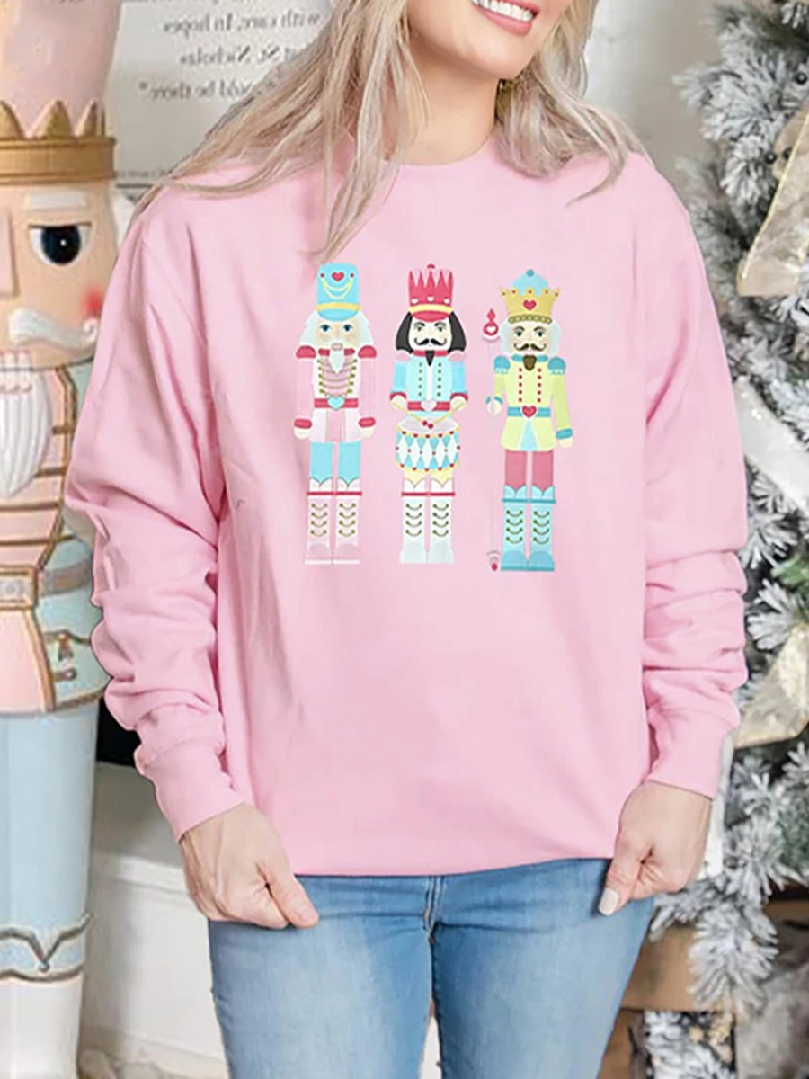 Women s Christmas Loose Sweatshirt Long Sleeve Round Neck Soldiers Print Pullover