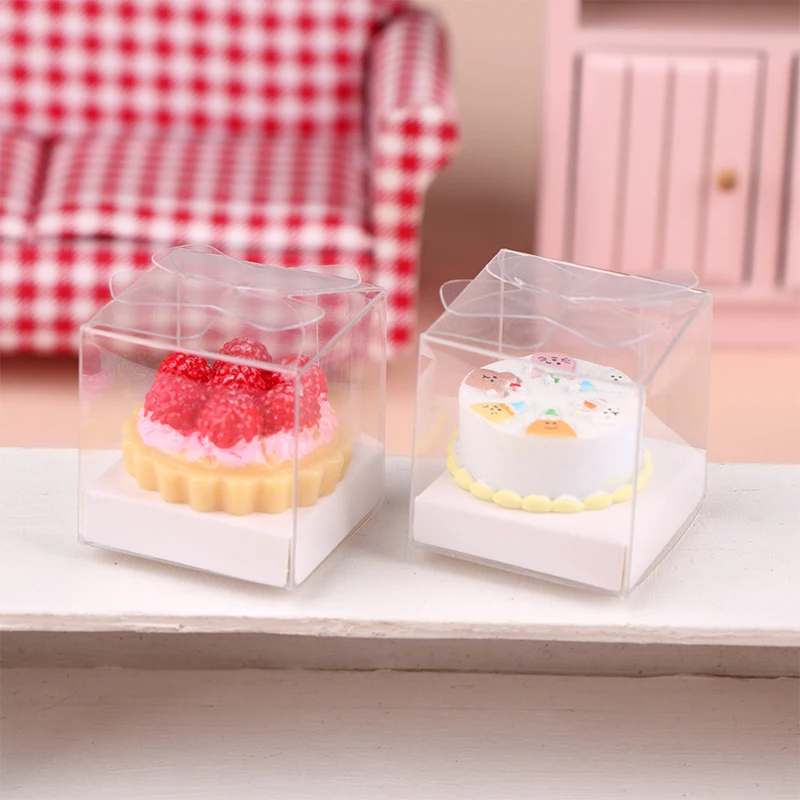 1 pz 1:12 casa delle bambole in miniatura torta di compleanno alla fragola con scatola di imballaggio trasparente modello da cucina Decor Toy Doll House accessori