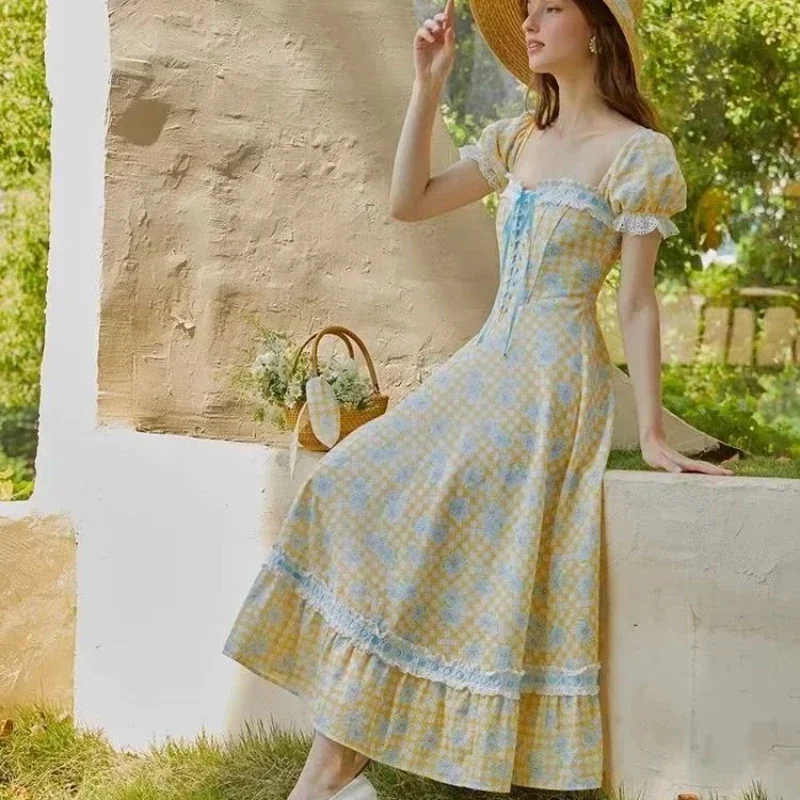 NONSAR French Pastoral Printed Fresh Lacing-up Webbing Dress Women Sweet Gentle Summer Travel Beach Long Victorian Plaid Dress