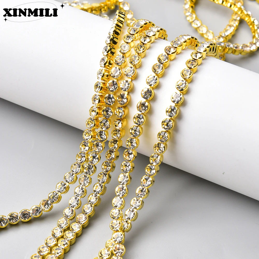 1 Yard 3 4 6mm Don\'t Hook Clothes Dense Rhinestone Crystal Gold Silver Claw Cup Chain Trimming Sew on Bridal Dress Bags Shoes