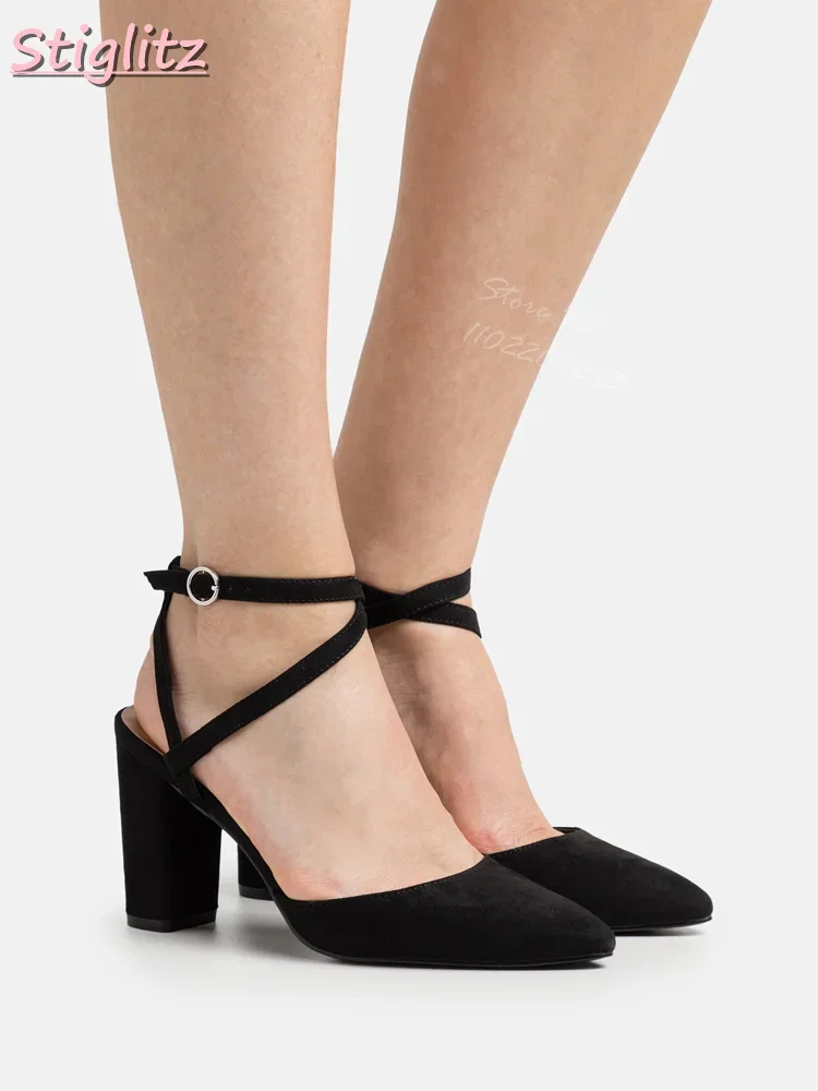 

Pointed Toe Square Heel Pumps Solid Faux Leather Buckle Straps High Heeled Sandals Suede 2025 Women Shallow Dress Shoes Outside