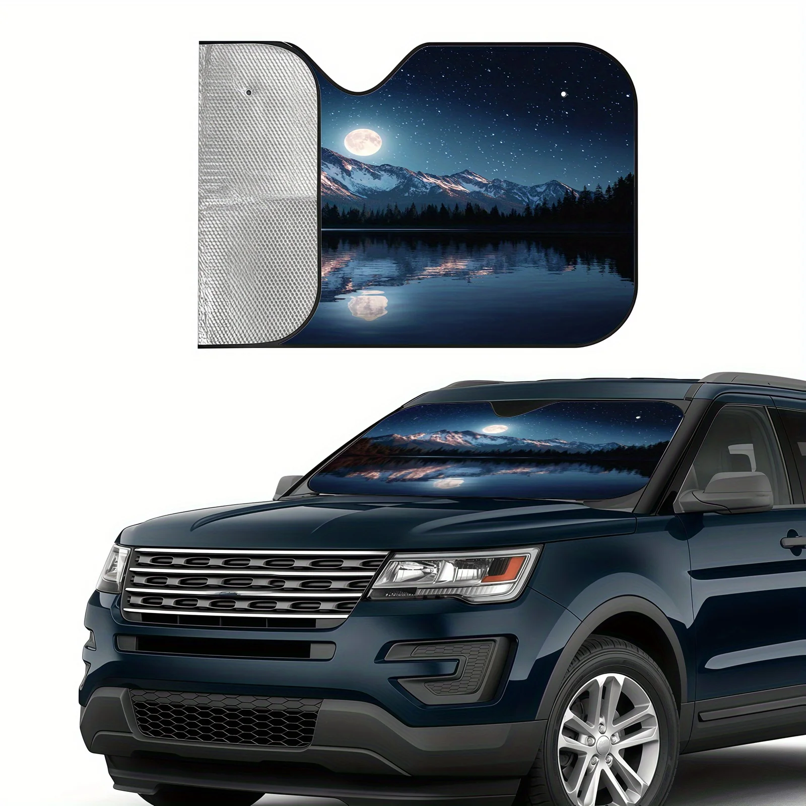 A Car Sunshade For Snowy Mountain Nights, Featuring Realistic Photography Style, Heat Insulation To Regulate Interior Temperatur