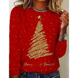 New women's round neck T-shirt long sleeved top with Christmas tree printed patterns comfortable and casual style women's top