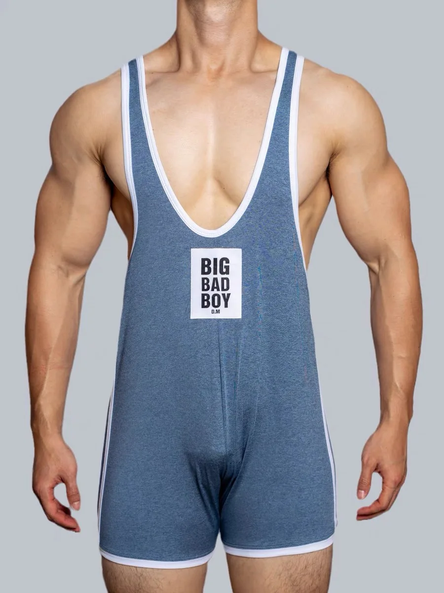 Men's Slim Fit Sports Jumpsuit Quick Dry Wrestling Cycling Tight Strap Sexy Thin Letter Print Short Sleeve