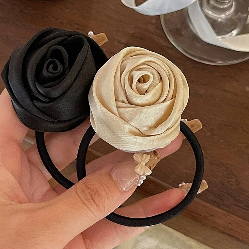 Korean Rose Elastic Hair Bands For Women Girls Accessories Tie Hair Ring Rope Headdress Scrunchies Big Flower Satin Rubber Bands