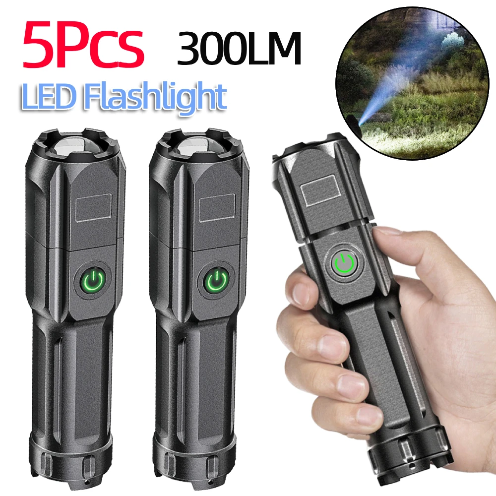 

5Pcs LED Flashlight 200mAh Portable Camping Light USB Charging Power Display 3 Gears Adjustable Outdoor Camping Torch 300LM