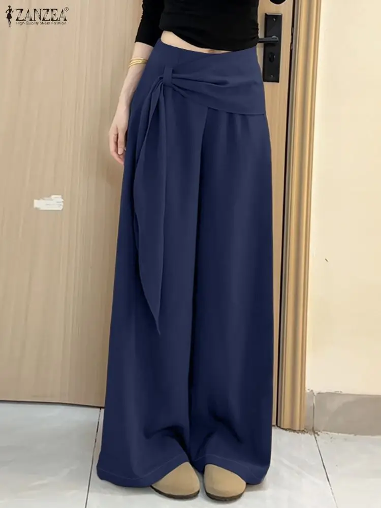 Damskie spodnie z szerokimi nogawkami, modne, eleganckie, z ozdobną wstążką, elastyczna wysoka talia, jednolite, luźne spodnie, odzież do pracy, spodnie damskie ZANZEA