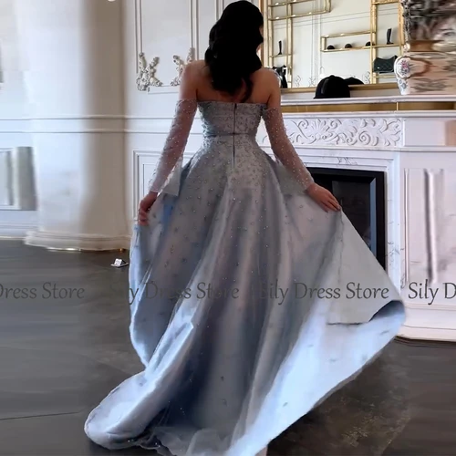 Imagen 2 del producto Vestidos de Noche de lujo saudí 2024, vestido de fiesta elegante con vaina/columna de satén, vestido de fiesta de cola de barrido de perlas sin tirantes plateado Maxi