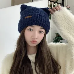 Korean Style Funny Hat Solid Warm Soft Winter Beanies Cap For Women Girls Knitted Label Cat Bunny Ear Autumn Skullies Bonnets