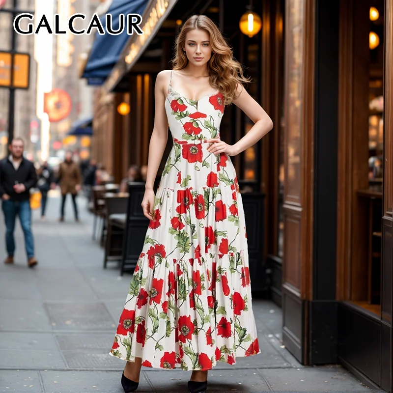 

GALCAUR Popular Printing Dresses For Women Square Collar Sleeveless High Waist Backless Colorblock Vintage Maxi Dress Female New