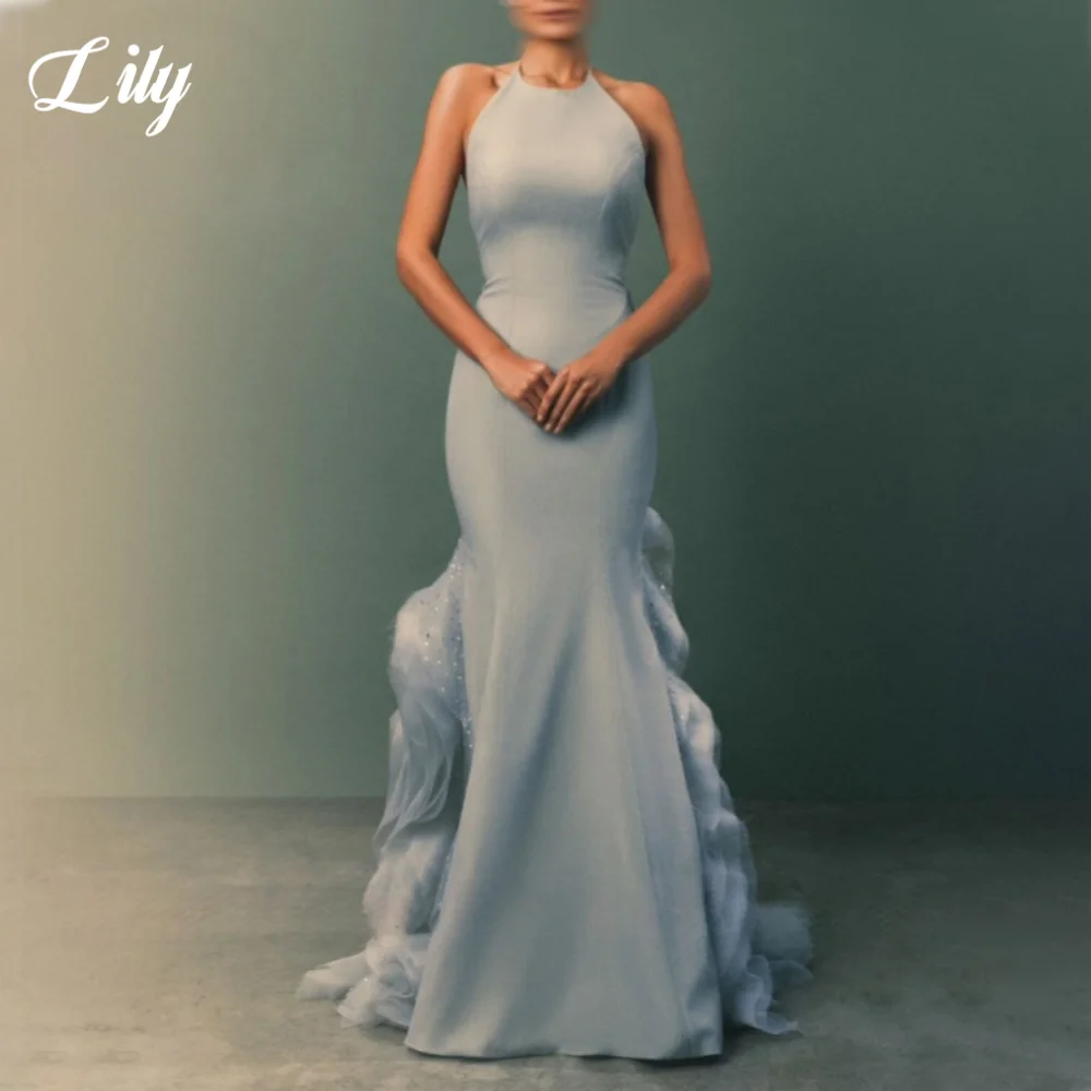 

Lily Elegant Charming Sweep Train Prom Gown Sleeveless Halter Ruffles Party Evening Dresses Lace up Back Prom Dresses Customized