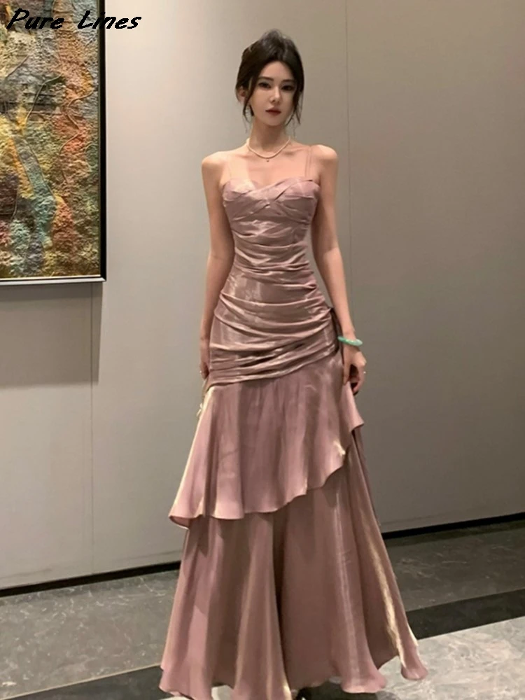 

Sexy Backless Birthday Party Fairy Dress Summer Elegant Sleeveless Spaghetti Strap Ruffled Long Dress Wedding Prom Chic Vestidos