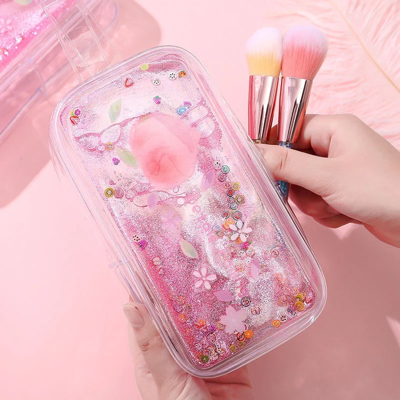 Portable Transparent Quicksand Pencil Case Cartoon Cute Avocado Peach Large Capacity Stationery Storage Bag School Supplies