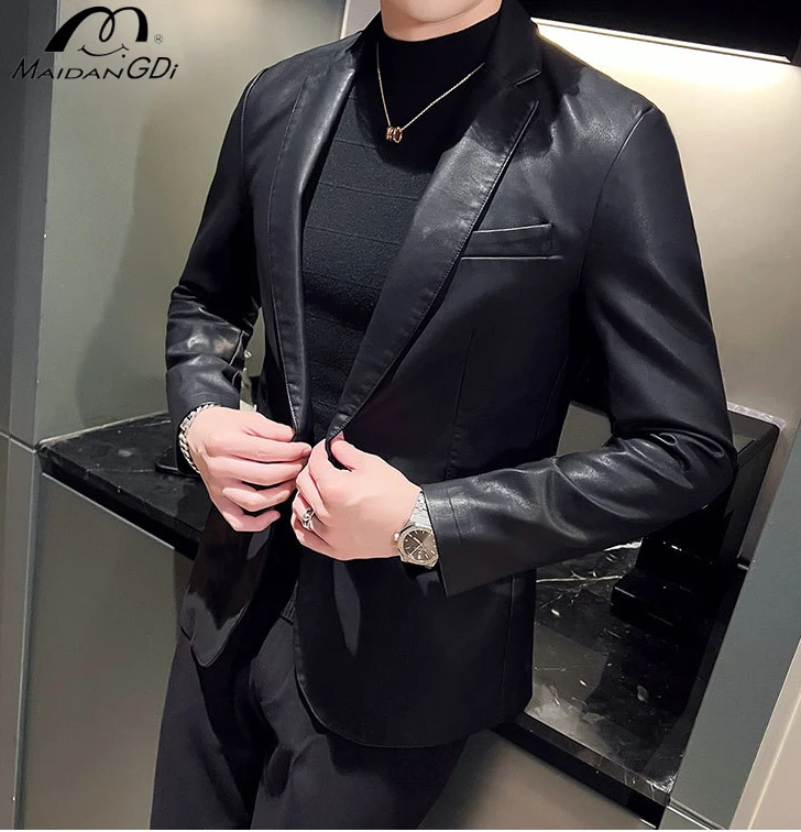 

MAIDANGDI Men's Suit Jacket Made of PU Material for Formal Occasions Slim Fit Solid Color Leather Jacket for Autumn and Winter