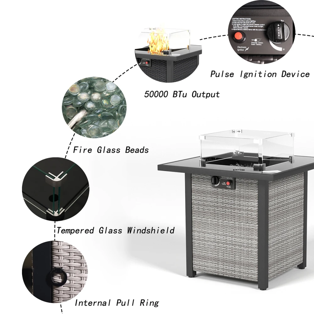 Mesa para fogueira propano de 28 polegadas, rattan e vime, fogões a gás 50000 BTU, tampo de vidro temperado com pára-brisas de vidro