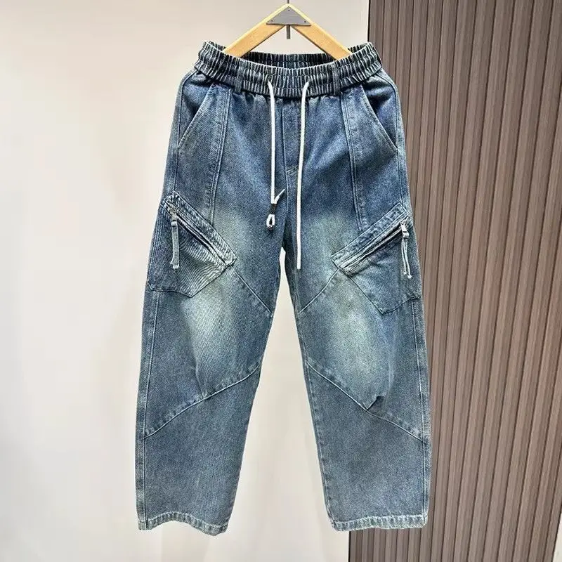 

Retro Patchwork Men's Jeans, High Street Loose Wide Leg Pants, Versatile Casual Pants