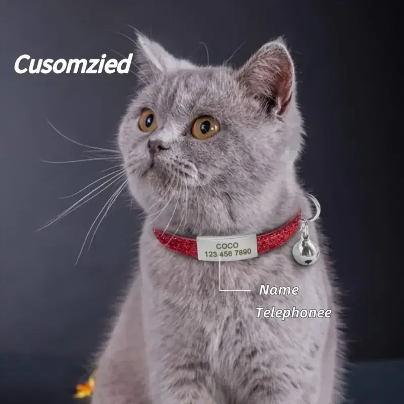 Glitzerndes Katzen-Sicherheitsschnallenhalsband, verstellbar, individuell, personalisierbar, Ausweis, kostenlose Gravur, Nylon-Welpen-Kätzchen-Halskette – Detail 7