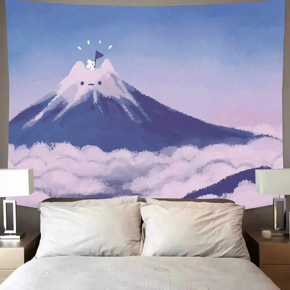 Cute Cartoon Mount Fuji Tapestry, Kawaii Smiley Mountain Above Clouds Wall Hanging, Soft Pastel Sky Landscape Wall Bedroom Decor