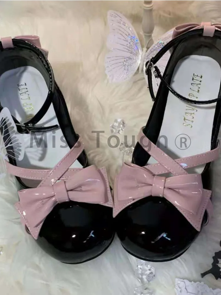 Styl japoński Lolita buty Mary jane kobiety Kawaii słodkie Cross-tie czółenka damskie kokardki na co dzień koreańskie buty mody 2023