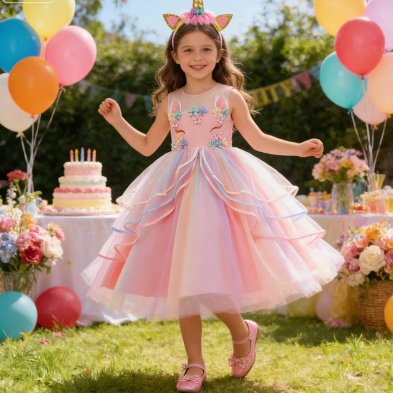 كرنفال ملون بنات يونيكورن فستان باستيل قوس قزح تول الأميرة فتاة فساتين حفلات أعياد ميلاد الطفل يونيكورن أداء الأزياء