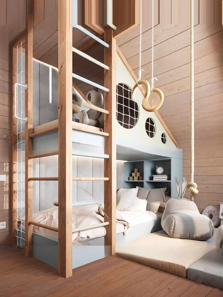 مسرح غرفة الأطفال، طابقين علوي، سقف منحدر، خشب متين، عالي ومنخفض، مع تسلق