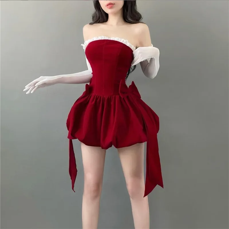 

Sexy Bow Strapless Dresses Summer Women's Dress New Lace Slash Neck Solid Skinny High Waist Wrapped Chest Mini Dress Women A137