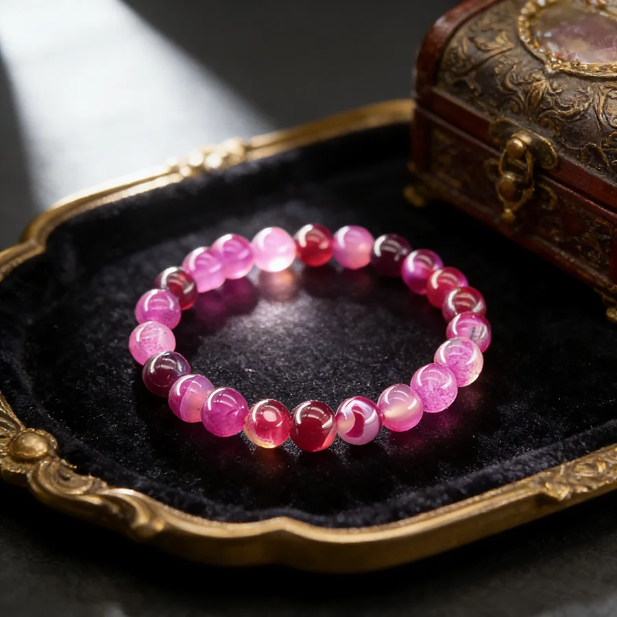 Pulseira de Contas de Ágata Natural com Listras Vermelhas Rosas para Mulheres e Homens, Joias de Meditação em Ágata Verdadeira com Listras Azuis e Verdes