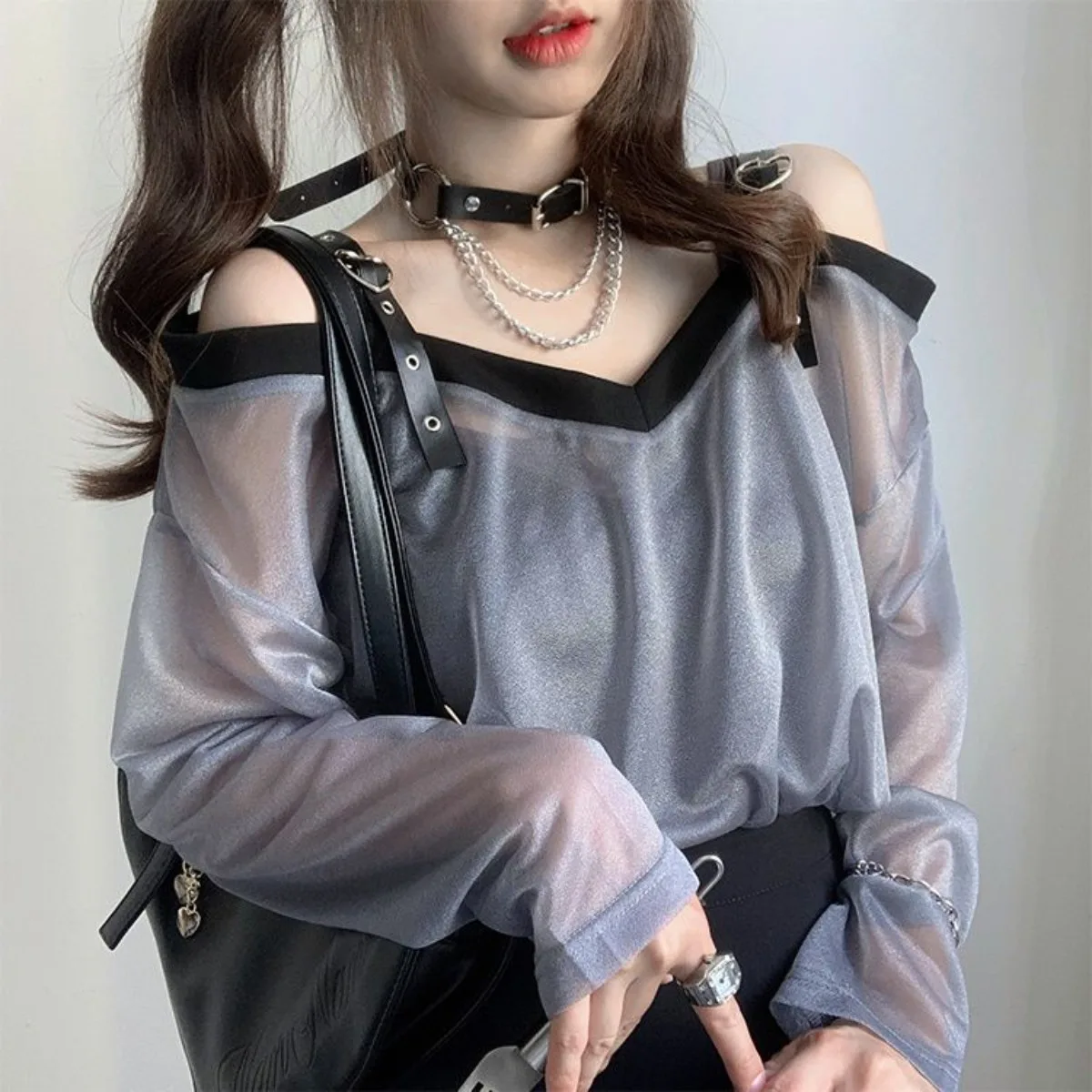 Long Sleeved Sunscreen Shirt Micro Transparent Shoulder Mesh Leather Buckle Suspender T-shirts Camisetas Strap Vest Tops