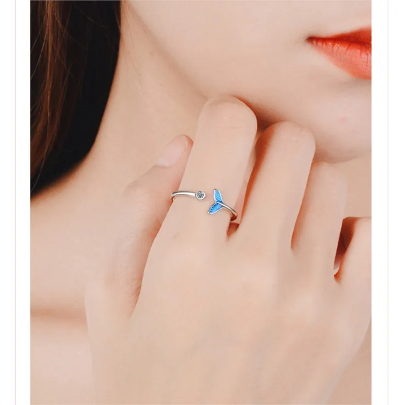 New Creative Beautiful Sweet Blue Fishtail 925 Sterling Silver Jewelry Fashion Fish Crystal Personality Opening Rings  R070