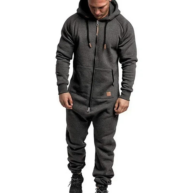 

Casual Pajamas Male Zipper Sweatpants Hoodie Mens Winter Sleeve Color Jumpsuit Onesie Long Splicing Pure Autumn