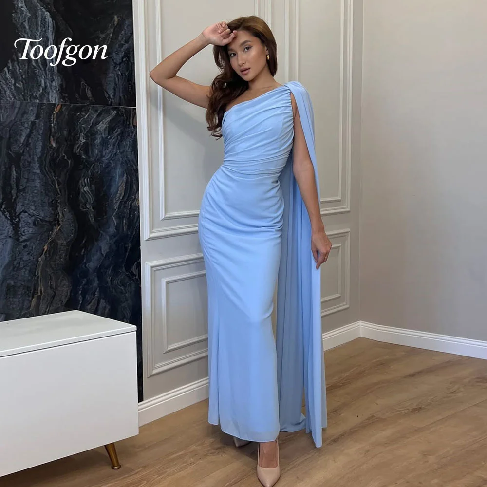 Toofgon moderno azul chiffon sereia vestidos de noite personalizado longo cabo um ombro ocasião especial vestido de festa vestidos de baile