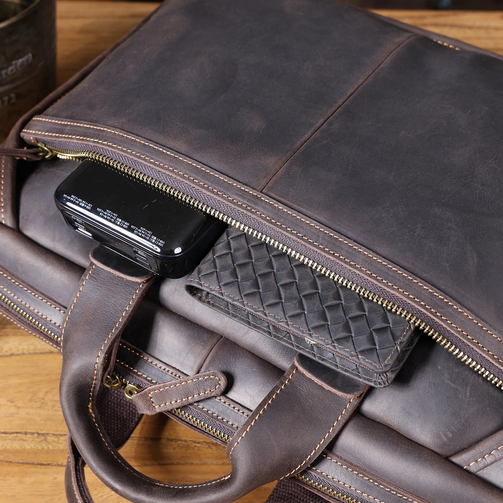 Vintage Echtleder Herren-Aktentasche 14" Laptop-Tasche Crazy Horse Leder Messenger-Handtasche Rindsleder Geschenkidee für Männer – Detail 19