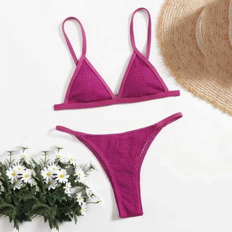 

Sexy Triangle Micro Bikini Thong 2025 Swimsuit Women Rose Red Ribbed Swimwear Bathing Suit Brazilian Bikinis Sets Mujer Biquinis