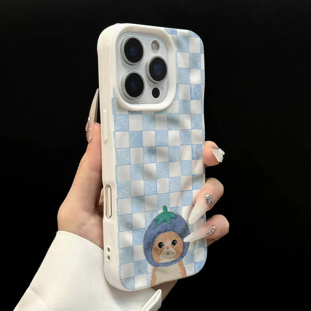 Modisches kariertes Handyhülle mit süßem Katzenmuster für iPhone 17 16 15 14 13 12 11 Pro Max 14 Plus 17Air, weiche Silikonhülle mit Falten-Wellen-Design – Detail 8