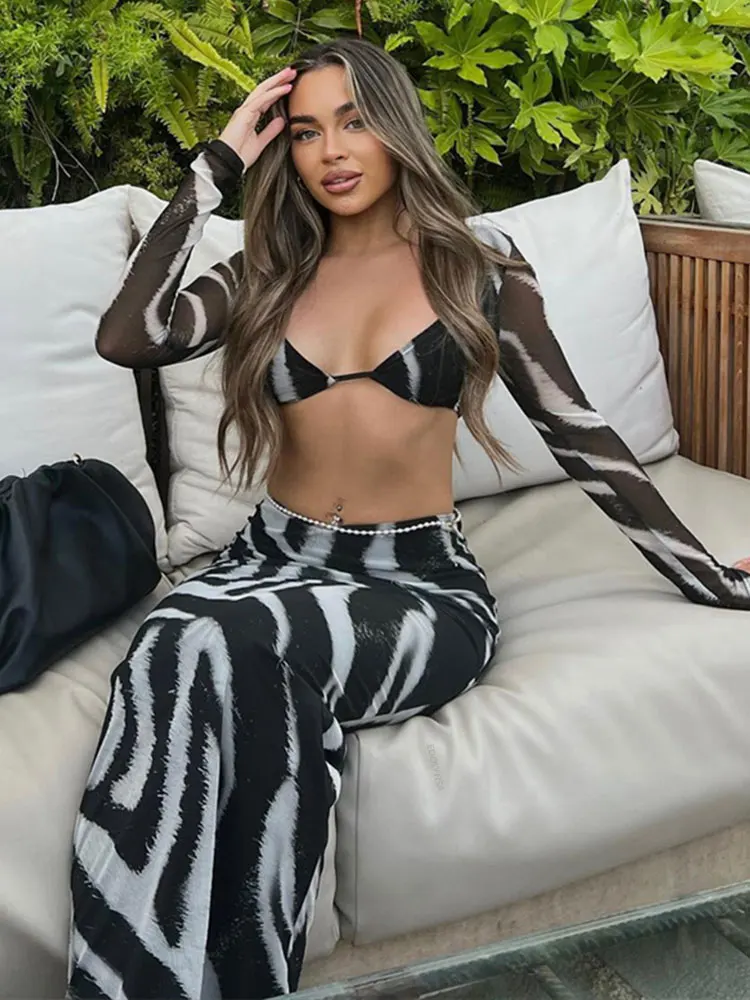 

Sexy V neck Zebra Stripes Two Pieces Sets 2023 Elegant Summer Women Hip Package Skirts Long Sleeve Short Top Party Suits A2069