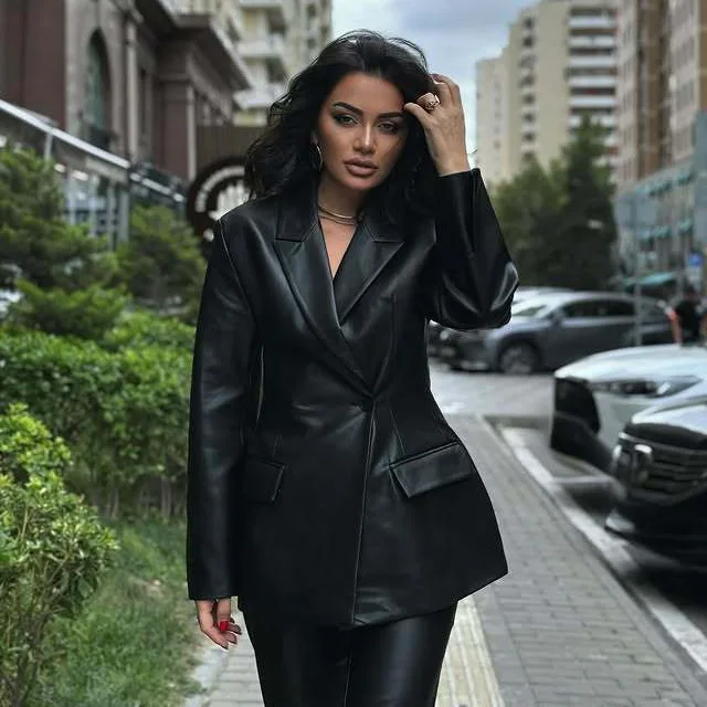 

Блейзер из искусственной кожи, осенний новый женский приталенный пиджак, модный универсальный пиджак из искусственной кожи с длинным рукавом и v-образным вырезом