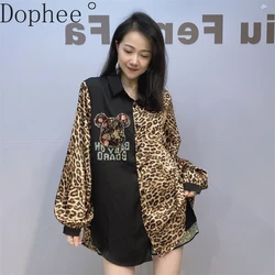 Colorblock Hot Drilling Leopard Cardigans Top 2025 New Spring Summer Loose Women Blouses Mid-long Casual Shirts Streetwear Tops