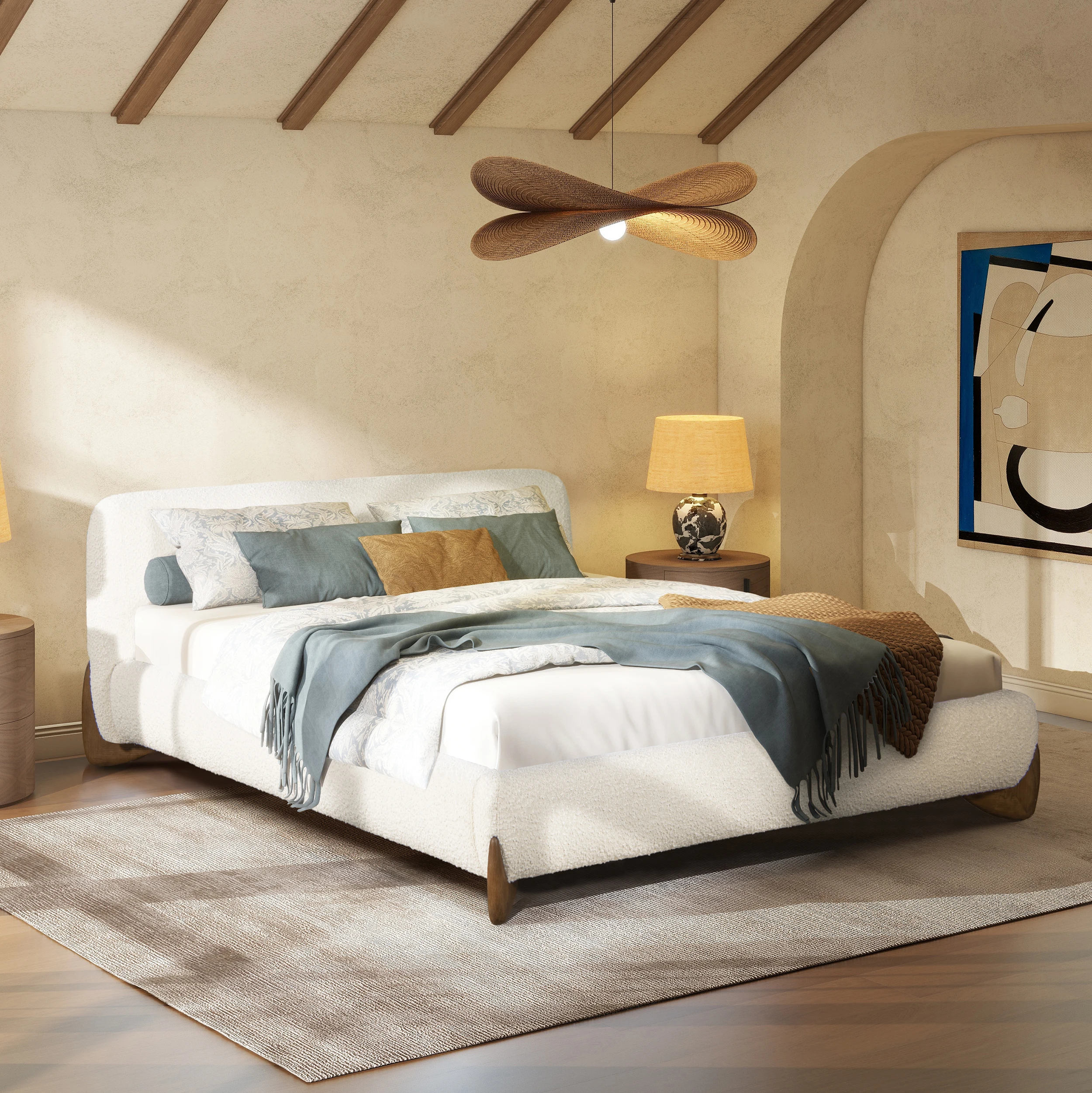 ！@Modern Adjustable Convertible Platform Bed Queen Ivory White Velvet Rosewood Frame Storage