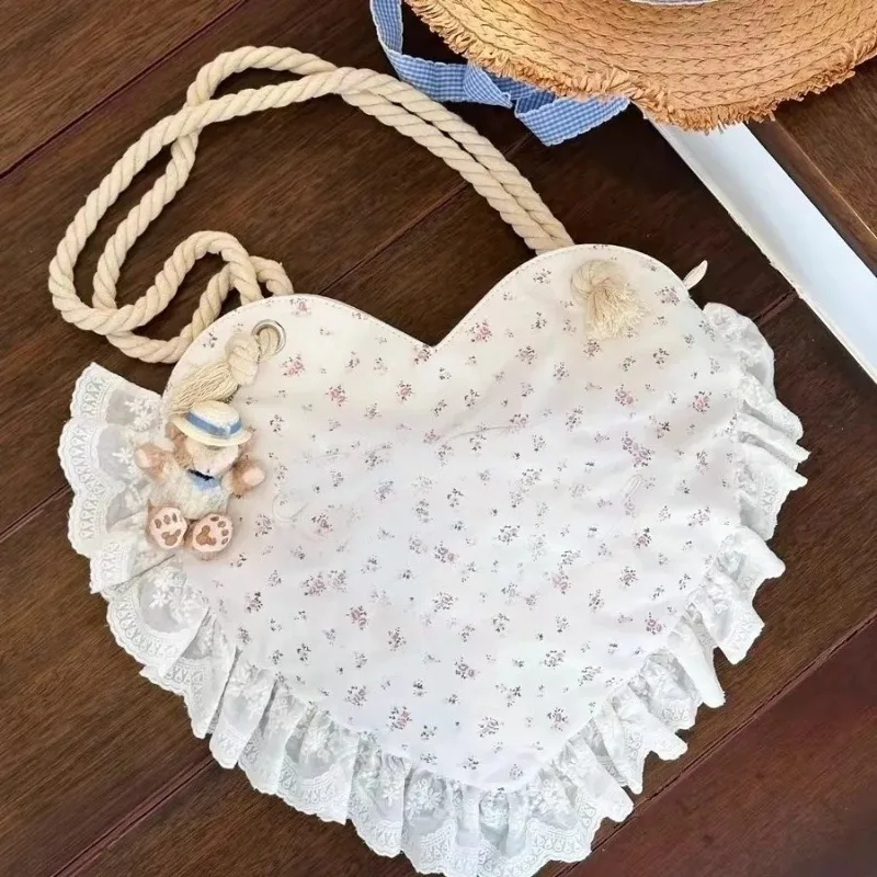 

Floarl Print Shoulder Bag Sweet Cute Lace Heart Bolsos De Mujer High Capacity Sac Femme Underarm Bags for Woman Lolita Bolso