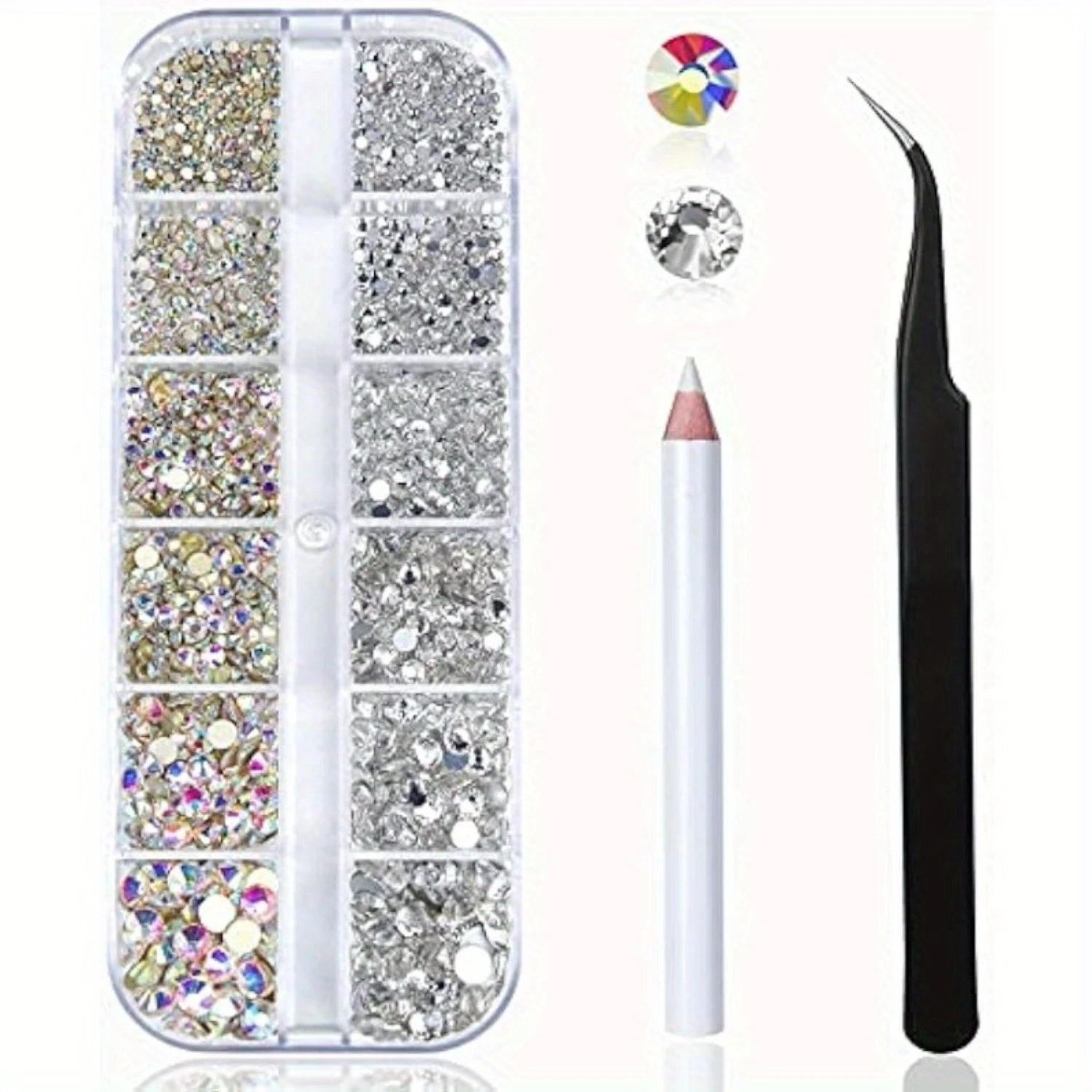 

Nail Art Rhinestones Kit Nail Gems AB Flatback Rhinestones Gems Stones, With Organizer Box/Wax Pencil/Tweezers Nail Art Craft