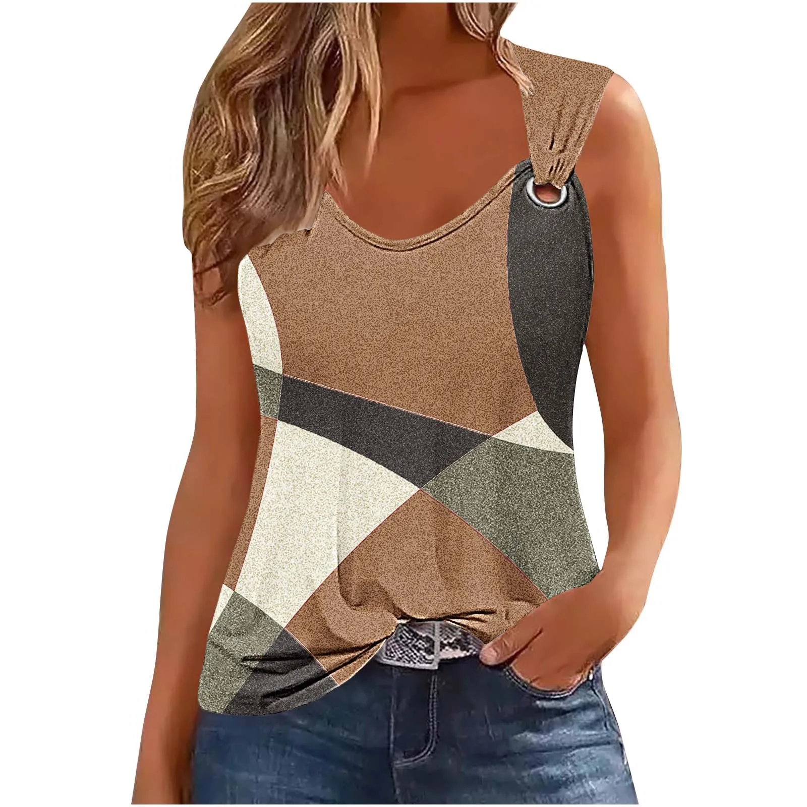 Fashion geometry Print T Shirt For Women 2024 Summer Sleeveless T-shirt Tank Top Casual Tshirt Women Tops Femme