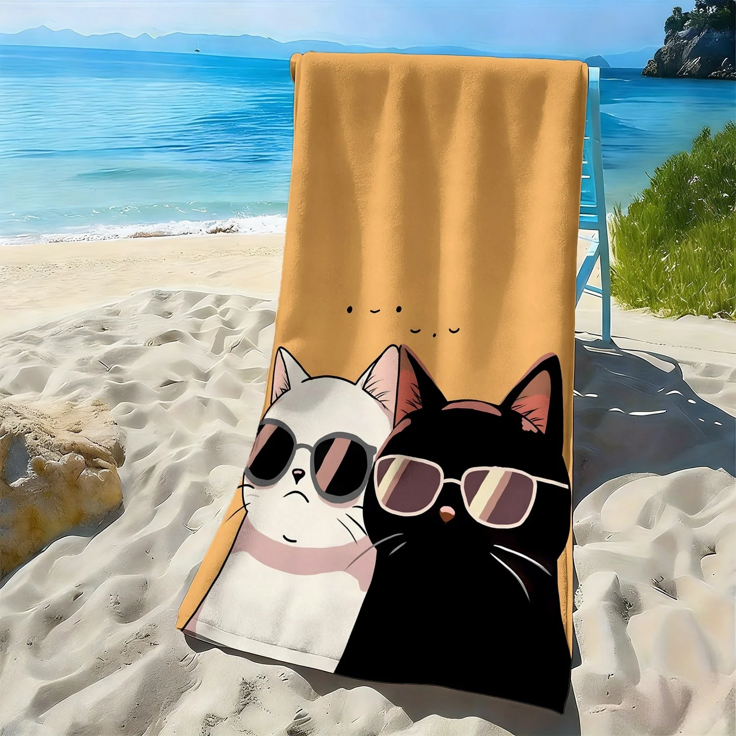 

Cartoon sunglasses cat pattern polyester microfiber beach towel is highly absorbent, suitable for swimming and beach outings