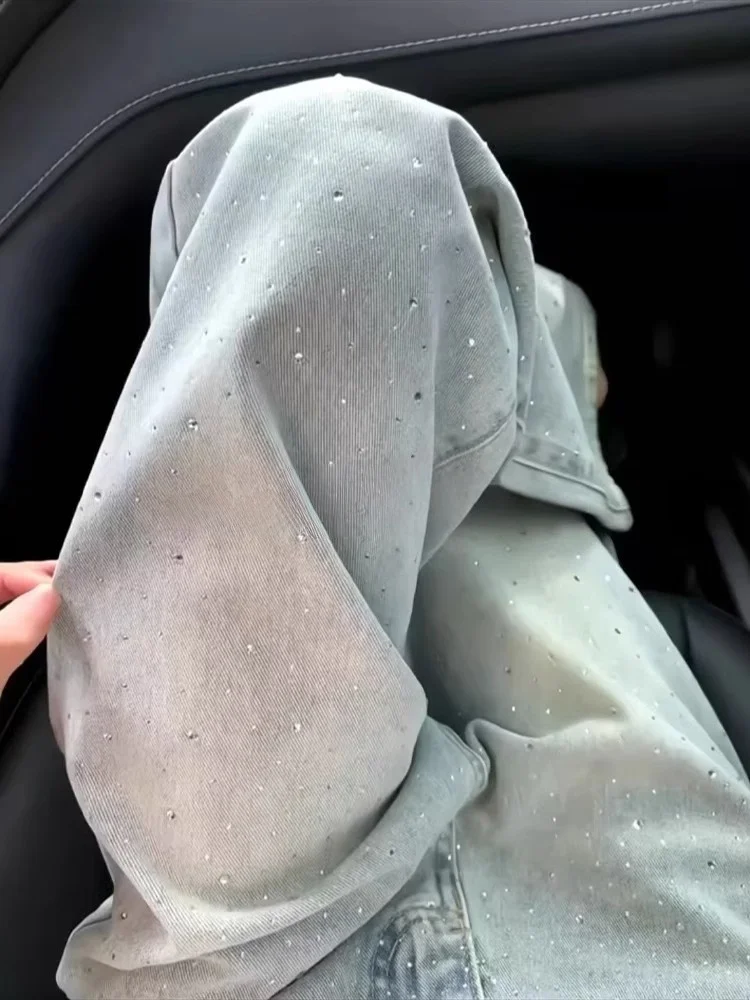 Pantalones de pierna ancha de cintura alta de mezclilla con diamantes de imitación americanos de talla grande para mujer Otoño Pear ape Coupe holgado Adelgazante Pierna recta...