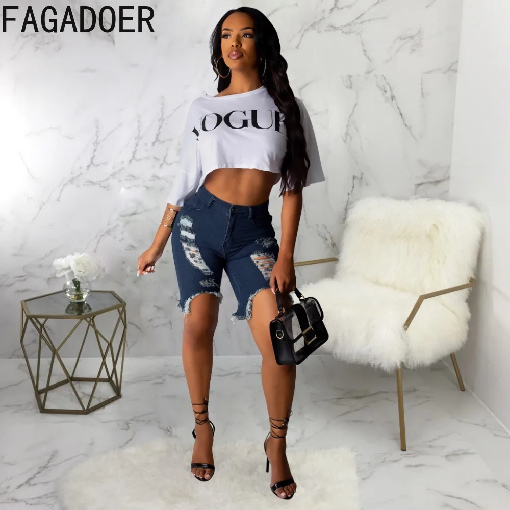 Fagadoer dunkelblaue Mode Loch elastische unregelmäßige Jeans Shorts Frauen hoch taillierte Knopf dünne Shorts Sommer neue Jeans hosen