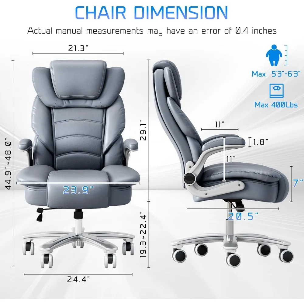 Grande et grande chaise de bureau, siège large de 400lb, chaise de direction en cuir à dossier haut avec bras rabattables, bureau d'ordinateur ergonomique