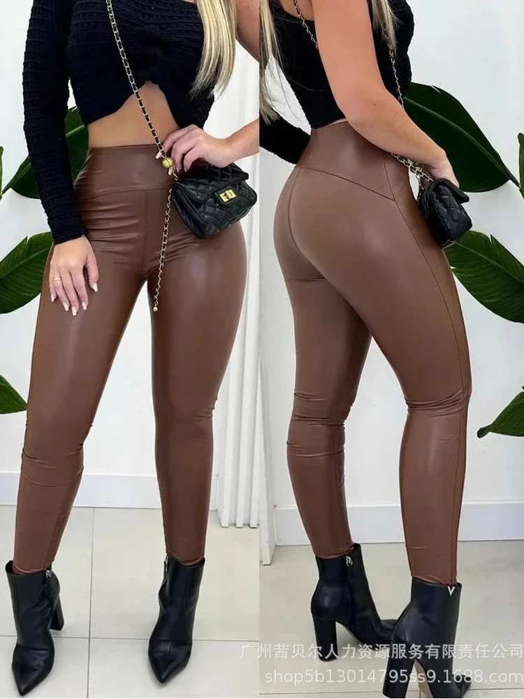 

Leggings Women Long Pants Pu Leather Pencil Pant Sexy Bodycon High Waist Casual Y2k Simple Regular Trousers Elegant Streetwear