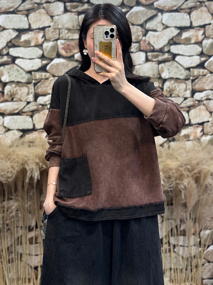 Amax LuluE ملابس الخريف الكلاسيكية النسائية خمر موضة فضفاضة مقنعين هوديس السيدات الفاخرة المرقعة بلوزات القطن عادية